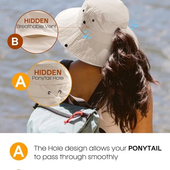 Sun Hat Women Wide Brim UPF 50+ Ponytail Hole Beach Hiking Outdoor - Picture 3 of 7